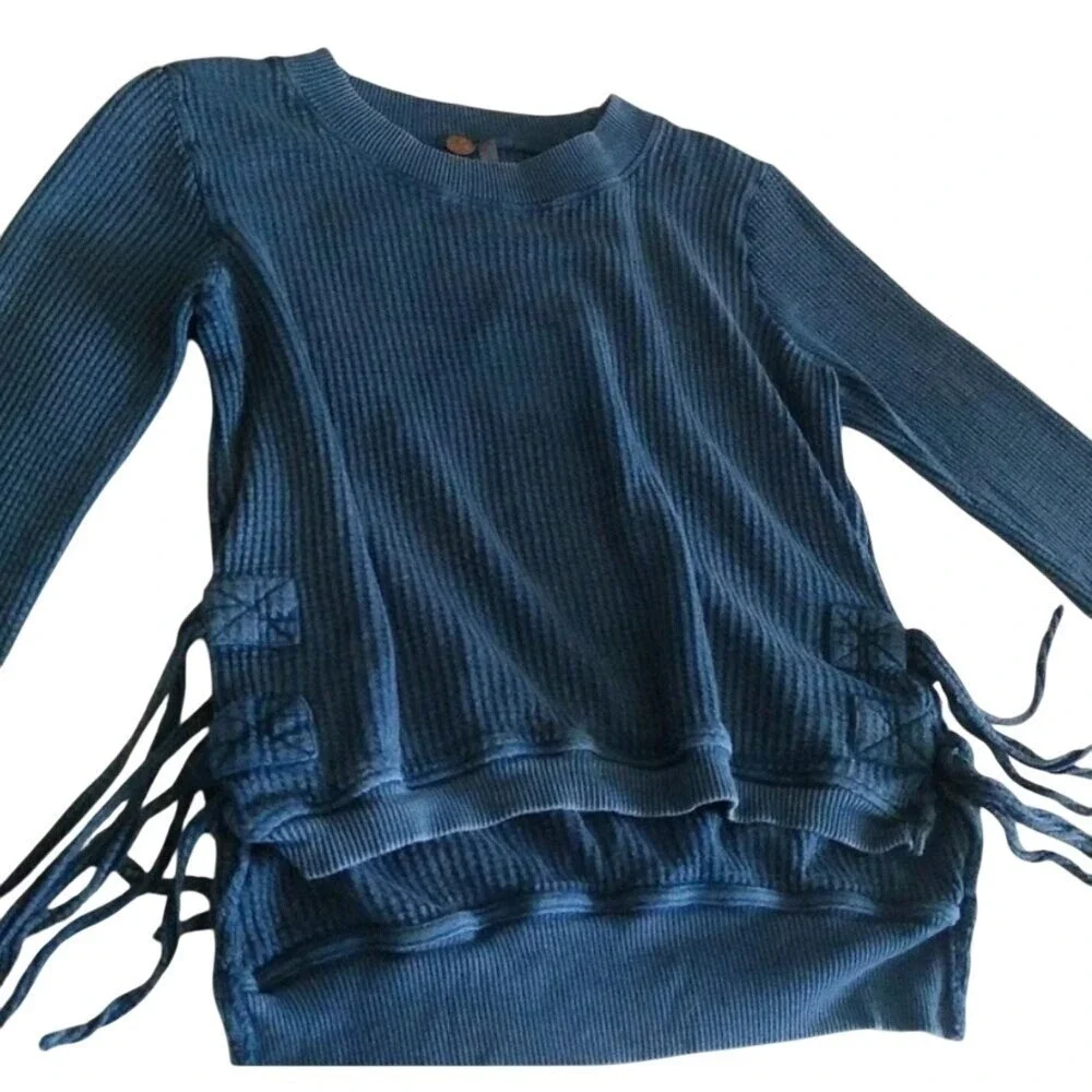 Free People FP One Blue Waffle Knit‎ Tunic Sweater Lace-Up Tie Sides S